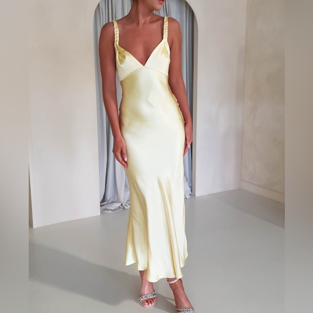 Yellow silk dress w braided straps